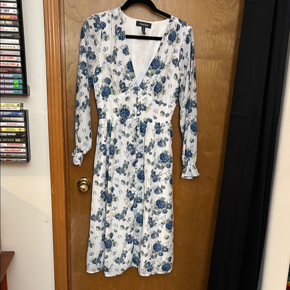 ModCloth White Midi Dress with Blue Floral Print